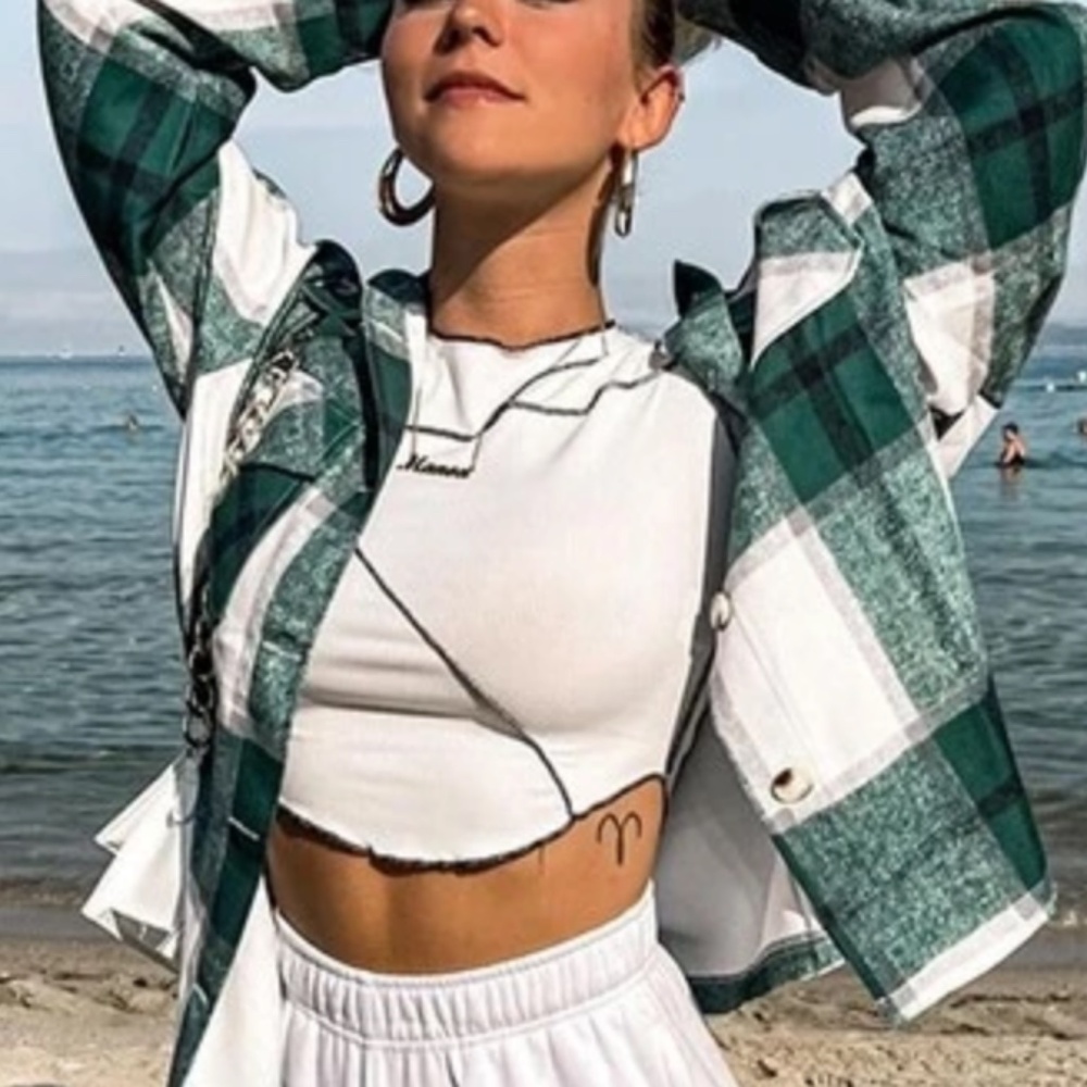 Plaid Stripe green Oversized Flannel Shirt Shacket - Picture 14 of 16